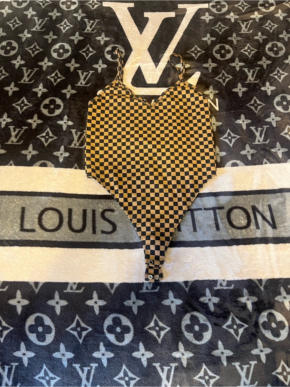 Forever 21 Checkerboard Spaghetti-Strap Bodysuit in Black and Tan